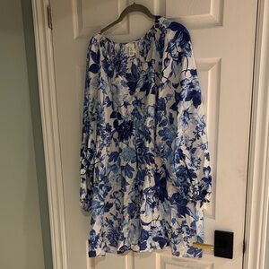H&M White Floral Long Sleeve Mini Dress with Blue Print